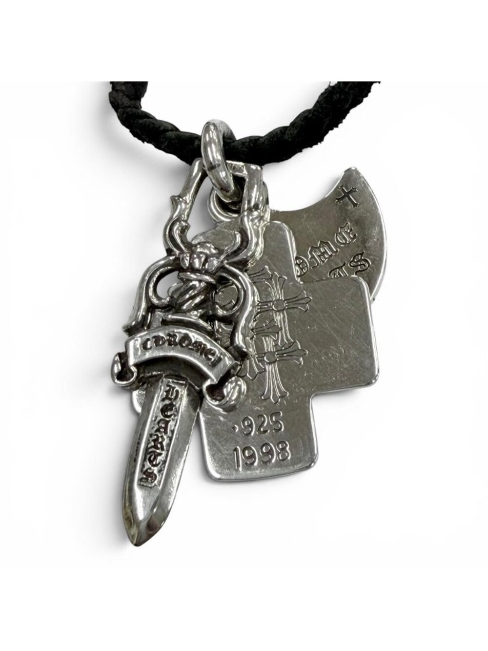 Chrome Hearts 925 Medium Era Model Three Spinkets Leather Blade Scroll Necklace